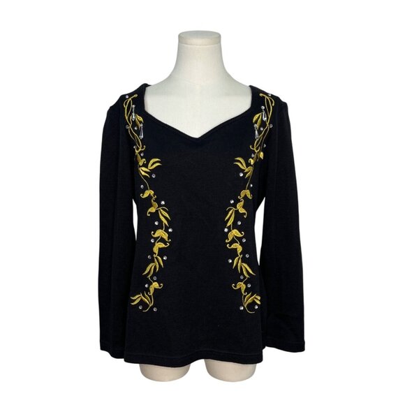 L'EAU VIVE Black Knit Top With Yellow Embroidery V-Neck Long Sleeve Womens Size - Picture 1 of 5